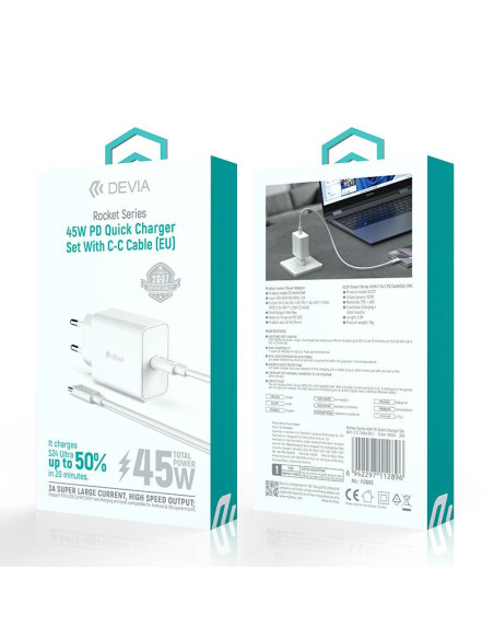 Cargador Devia Rocket PD C 45W con cable C/C blco