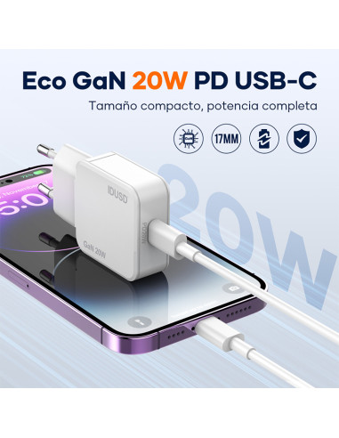 Cargador GaN IDUSD D306B 20W ultrafino con cable USB-C | ByMASI