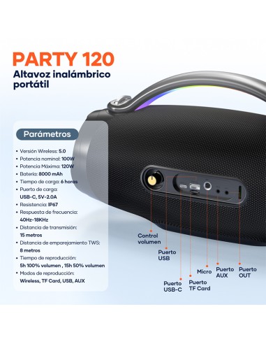 Altavoz Bluetooth Party 120W IP67 | 15h autonomía