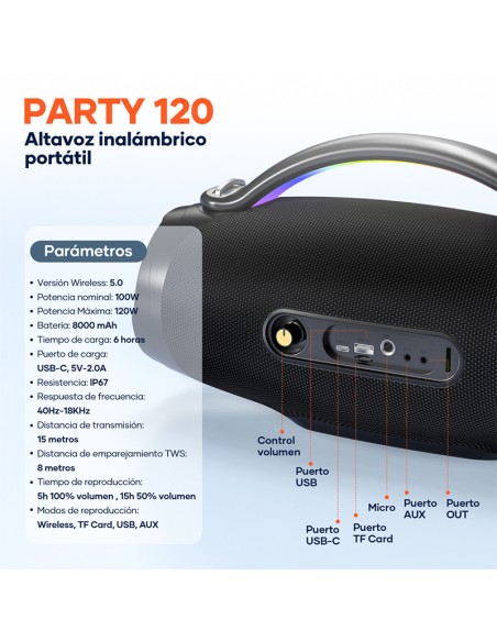 Altavoz Bluetooth Party 120W IP67 | 15h autonomía