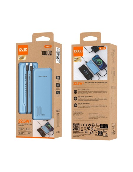 Powerbank IDUSD P11A 10.000mAh Azul | Doble Cable