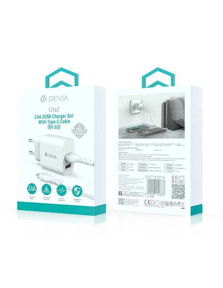 Set Cargador Devia Lite 2 USB 12W + Cable USB-C | ByMASI