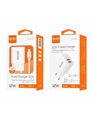 Carregador IDUSD D43B 2 USB 2,4 A + cabo USB-C | ByMASI